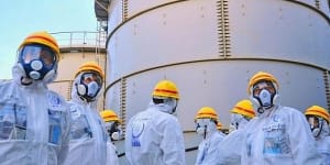 Review mission members of the International Atomic Energy Authority at Fukushima No.1 nuclear power plant late last year.