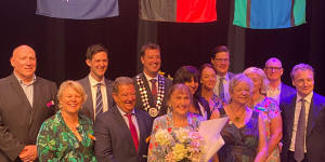 Northern Beaches mayor Michael Regan (centre back) at the council’s 2023 Australia Day citizenship ceremony.