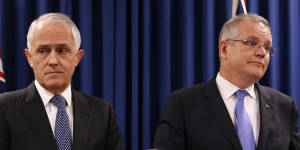Then prime minister Malcolm Turnbull and then treasurer Scott Morrison during a press conference in Brisbane in 2016.
