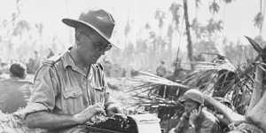 Sydney Morning Herald war correspondent Harry Summers dispatching copy at Morotai in September 1944,after that allied forces landed on the island.