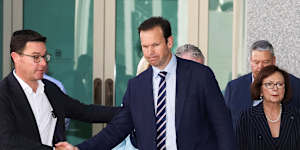 Nationals leader David Littleproud and Senator Matt Canavan after a press conference following a party room meeting.