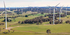An array of large wind turbines at Biala and Gullen Range Wind Farm,Bannister in the Southern Tablelands,New South Wales