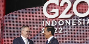 Australian Prime Minister Anthony Albanese greets Indonesia’s President,Joko Widodo,at last year’s G20 leaders’ summit in Nusa Dua,Indonesia.