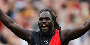 Anthony McDonald-Tipungwuti celebrates his goal against Hawthorn.