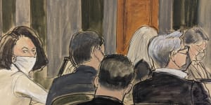 A courtroom sketch of Ghislaine Maxwell sitting at the defence table during the final stages of jury selection on Monday.