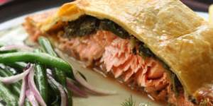 Salmon and spinach en croute with dill creme fraiche.
