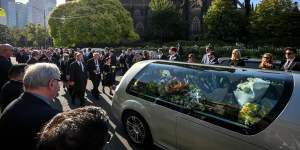 The hearse departs after the funeral service for Senator Kimberley Kitchingat St Patrick's Cathedral. 21 March 2022. 