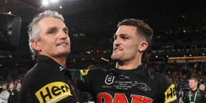 Nathan and Ivan Cleary celebrate the 2022 grand final win.