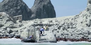 An image provided by visitor Michael Schade shows tourists and tour guides fleeing White Island (Whakaari) volcano.