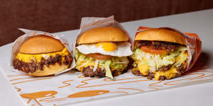 Two Yolks’ burgers feature imported American buns,Cape Grim grass-fed beef and Bangalow pork.