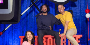 Winner and runners-up in the RAW Comedy National Grand Final,2023. Clockwise from left:Jacquelyn Richards,Rapha Manajem,Henry Yan (winner) and Meg Jager.
