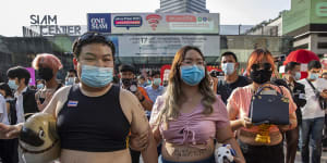 Protest leaders Parit Chiwarak and Panusaya Sitthijirawattanakul at a protest in Bangkok last December.