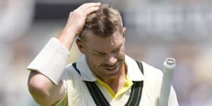 Warner reacts as he walks off the pitch after being given out caught behind off the bowling of India’s Shardul Thakur on the first day of the ICC World Test.