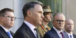 Prime Minister Anthony Albanese with (from left) Defence Industry Minister Pat Conroy,Defence Minister Richard Marles,Defence Force Chief General Angus Campbell and Defence Department secretary Greg Moriarty.