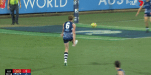 An error from Geelong handed Gold Coast’s Jack Lukosius a gimme goal to start what became an avalanche of goals in their match.