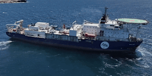 The Ile d’Yeu ship laying undersea cable off the coast near Maroubra.