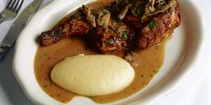 Builders Arms’ rotating rotisserie chicken special is currently served with potato puree and mushroom sauce (pictured).