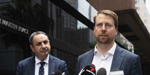 Department of Education secretary Murat Dizdar (left) and EPA chief executive Tony Chappel give an update on the investigation into mulch containing asbestos and testing at Sydney schools.