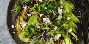 Fried eggplant and cucumber salad with sesame dressing.