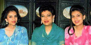 Devyani Rana,right,believed to be the fiancee of Nepal’s Crown Prince Dipendra,sits along with her mother Usharaje Rana,center,and unidentified sister,left,in Gawlior,centeral India,in this 1993 file photo.