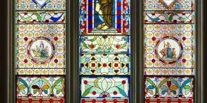 One of the Cathedral Room’s ornate stained-glass windows.