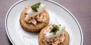 Trout rillettes on crumpets.