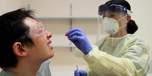 A nurse conducts a nasal swab test.