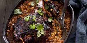 Greek tomato-baked lamb with orzo.