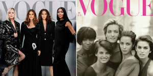 The September issue of US ‘Vogue’ with supermodels Linda Evangelista,Cindy Crawford,Christy Turlington and Naomi Campbell;Tatjana Patitz (centre) photographed by Peter Lindbergh alongside Naomi Campbell,Linda Evangelista,Christy Turlington and Cindy Crawford for the January 1990 issue of British ‘Vogue’.