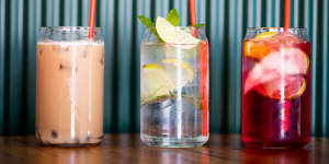 Milk bubble tea (left),rose sangria spritz and mojito mocktail.