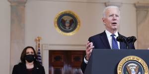 President Joe Biden,accompanied by Vice President Kamala Harris,speaks at the White House in Washington,after former Minneapolis police Officer Derek Chauvin was convicted of murder and manslaughter in the death of George Floyd.