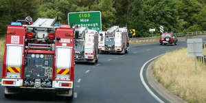CFA Fire Trucks travelled in convoy towards East Gippsland on Friday ahead of expected dangerous fire weather. 