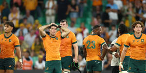 A dejected Ben Donaldson tells the story after the Wallabies’ loss to Fiji in Saint-Etienne.