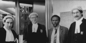 The Mabo legal team;solicitor Greg McIntyre,barrister Ron Castan,Eddie Koiki Mabo and barrister Bryan Keon-Cohen at the High Court of Australia 1991.