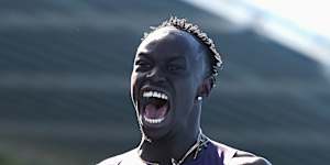 Gout Gout of Queensland celebrates breaking the world junior record and Australian Record in the men’s 200m.