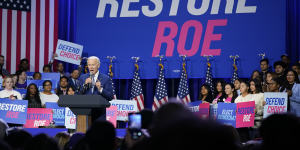 US President Joe Biden speaks about abortion access during a Democratic National Committee event at the Howard Theatre in Washington. 
