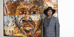 Vincent Namatjira’s style is radically different from his great-grandfather Albert’s,but often references his landscapes.