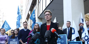 ACTU Secretary Sally McManus during a press conference following the Fair Work Commission handing down its Annual Wage Review decision. Photographed outside the Fair Work Commission in Sydney.
