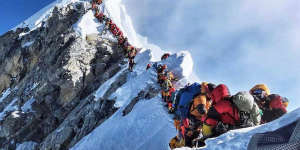 A picture by climber Nirmal Purja shows heavy traffic of mountain climbers lining up to stand at the summit of Mount Everest. 