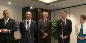Richard Marles,second from right,joins a meeting of the Five Power Defence Arrangements on Saturday with New Zealand’s Peeni Henare,Malaysia’s Hishammuddin Hussein,Singapore’s Ng Eng Hen and British High Commissioner to Singapore Kara Owen.