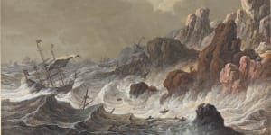 <i>Storm-Tossed Ships Wrecked on a Rocky Coast</i>by Johann Christoph Dietzsch (1710-1769).