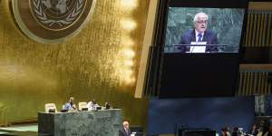 Palestinian ambassador to the UN Riyad Mansour addresses the UN General Assembly.