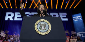 Vice President Kamala Harris speaks before President Joe Biden at an event in Manassas,Virginia.