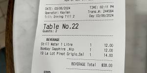 The bill for lunch at The Dry Dock in Balmain.