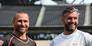 Matt Giteau and Adam Ashley-Cooper at the new $6 billion SoFi Stadium in Los Angeles.