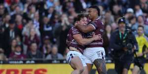 Jamie Humphreys and Haumole Olakau’atu celebrate the former’s try on debut.