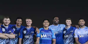 Western Sydney Two Blues players Ethan Caine,Irie Papuni,Tom Curtis,JP Sauni,Manasa Rokosuka,Joe Bedlow and Sione Fifita before training at their home ground in Merrylands. 