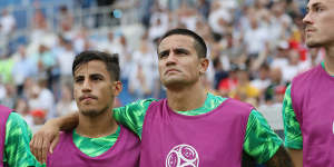 Daniel Arzani with Socceroos legend Tim Cahill at the 2018 World Cup.