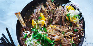 Neil Perry's Middle-Eastern-inspired slow-roasted lamb shoulder with almonds.