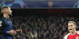 Leandro Trossard celebrates the first goal in Arsenal’s 2-0 win over Europa League champions Sevilla.